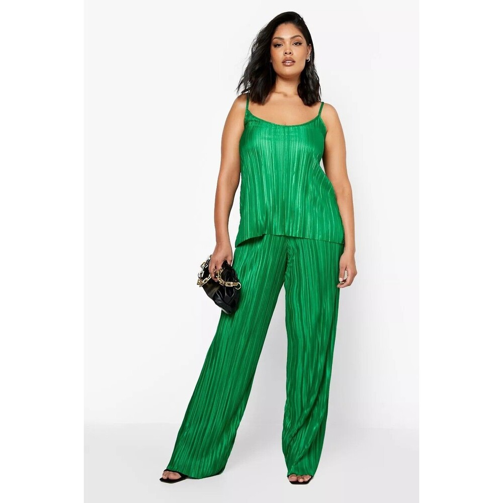 Boohoo Tank Top Shirt Womens Plus 20 Green Plisse Cami + Wide Leg Pants 2 Piece